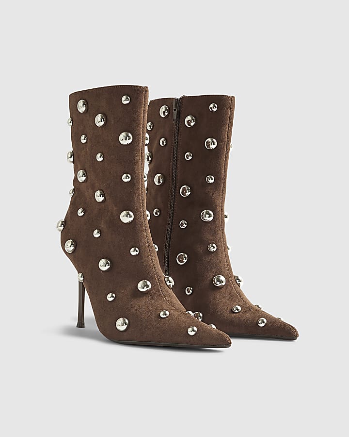 Beige Studded Heeled Ankle Boots