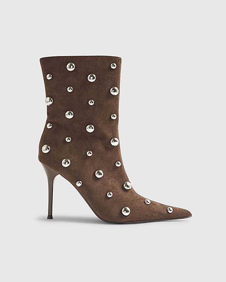 Brown Faux Suede Studded Heeled Ankle Boots