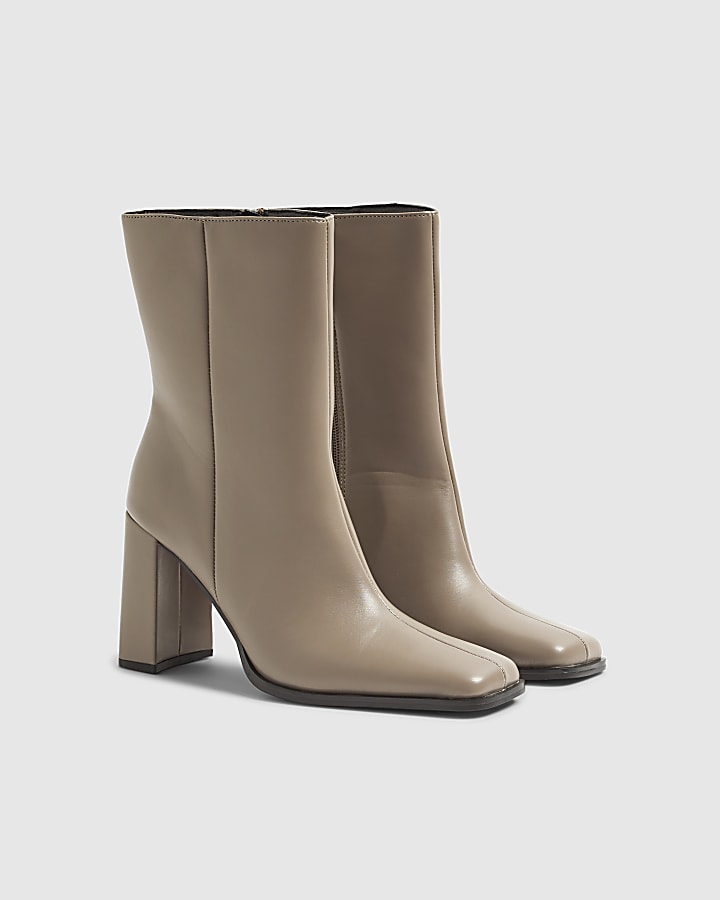 Grey Square Toe Heeled Ankle boots
