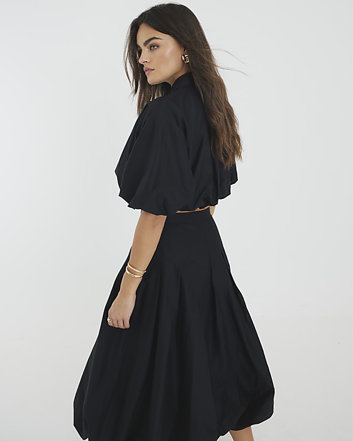 Black Bubble Hem Midi Skirt