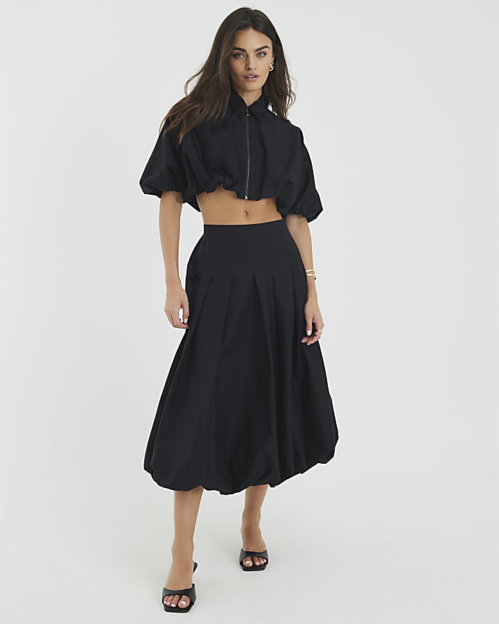 Black Bubble Hem Midi Skirt