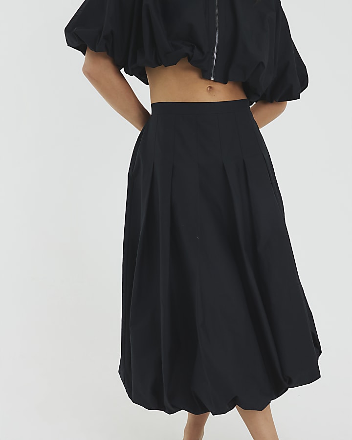 Black Bubble Hem Midi Skirt