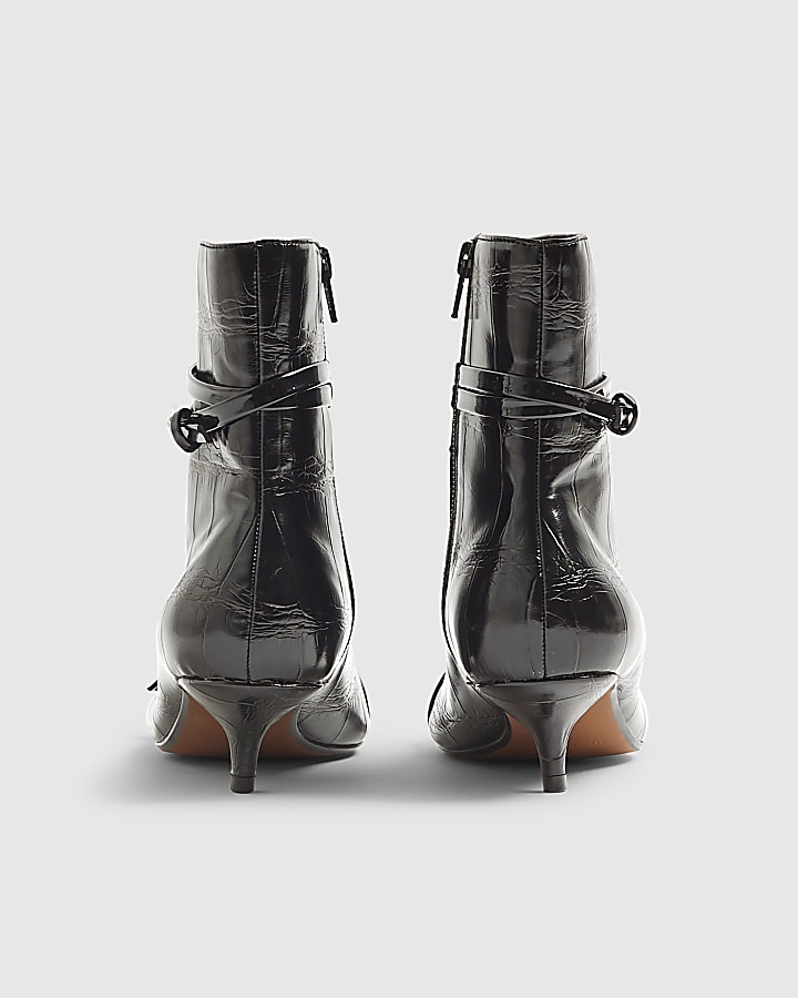 Black Croc Textured Kitten Heel Boots