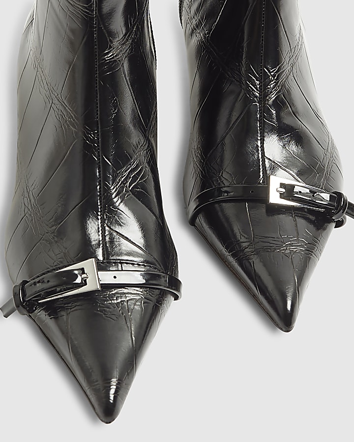 Black Croc Textured Kitten Heel Boots