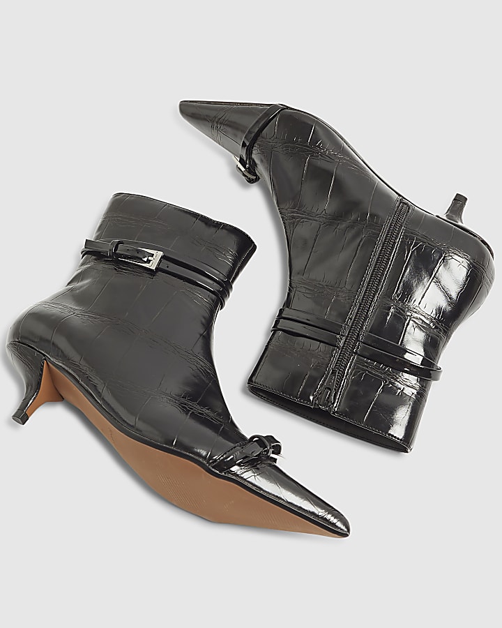 Black Croc Textured Kitten Heel Boots