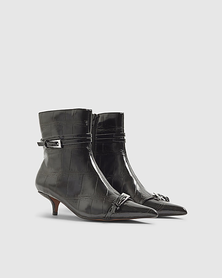 Black Croc Textured Kitten Heel Boots