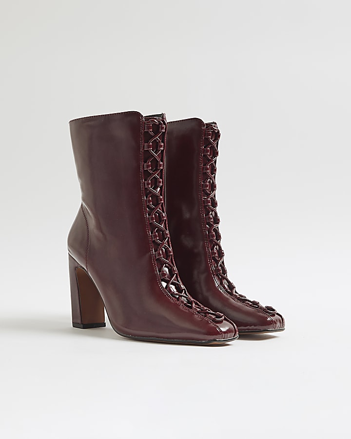 Red Lace Up Heeled Ankle Boots