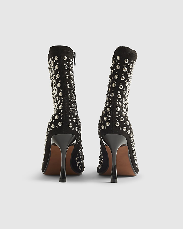 Black Embellished Heeled Ankle Boots