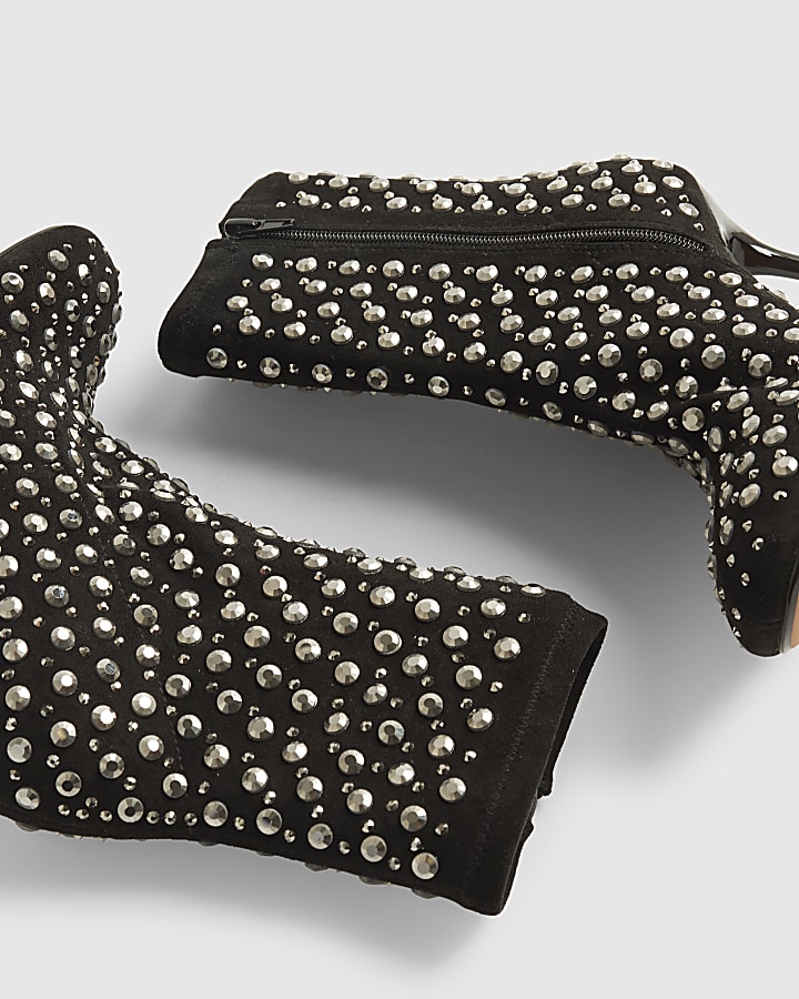Black Embellished Heeled Ankle Boots
