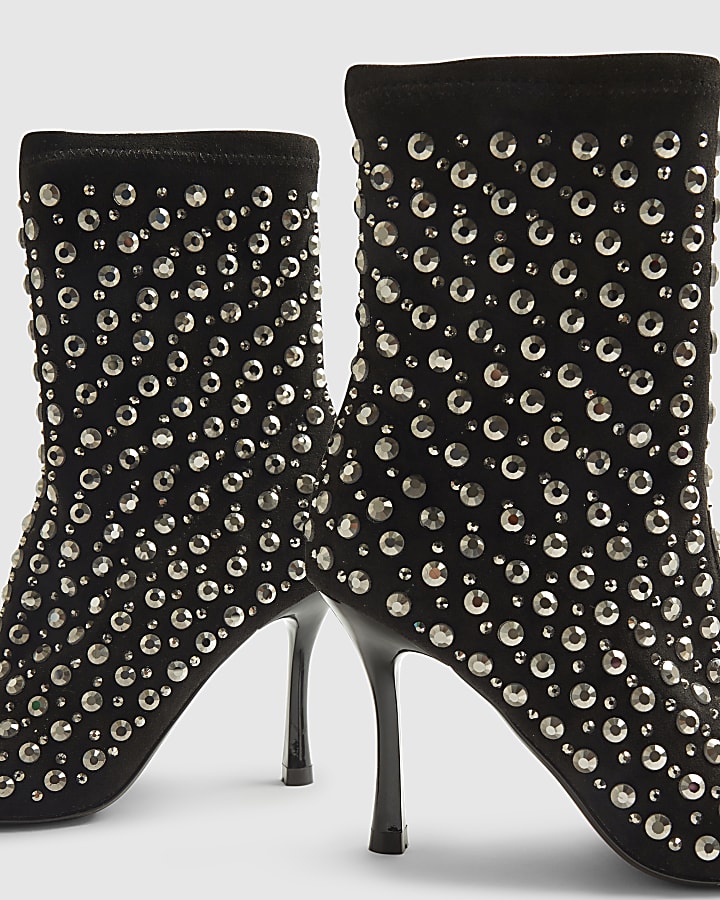 Black Embellished Heeled Ankle Boots