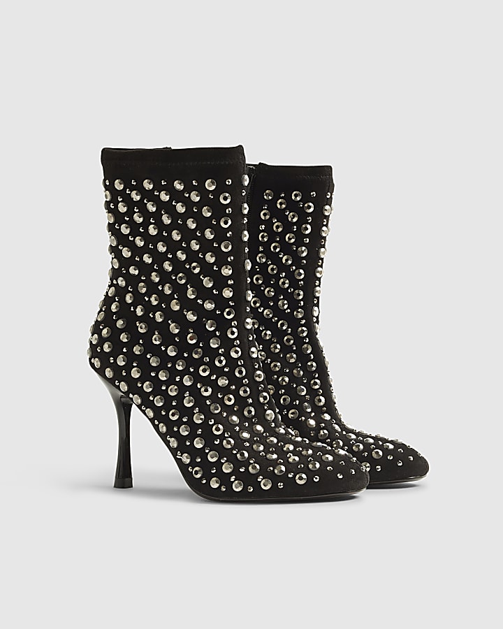 Black Embellished Heeled Ankle Boots