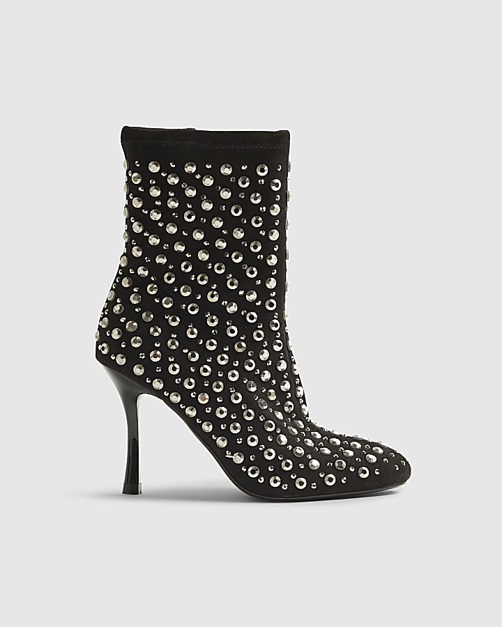 Black Embellished Heeled Ankle Boots