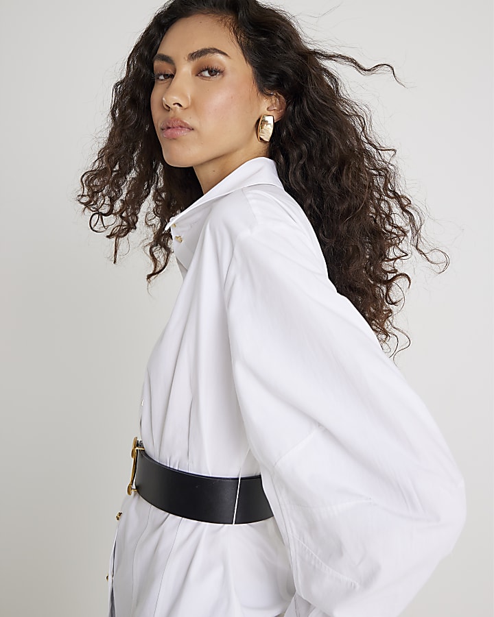 White Poplin Belted Shirt
