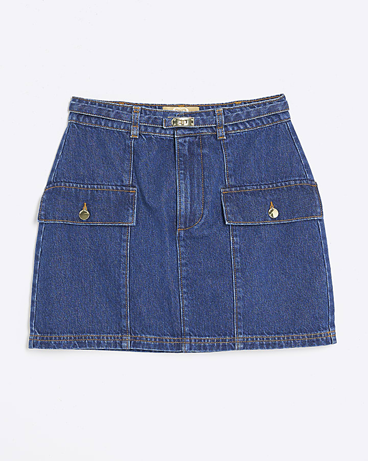 Blue Denim Buckle Belt Mini Skirt