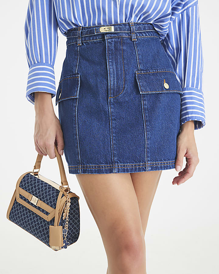 Blue Denim Buckle Belt Mini Skirt