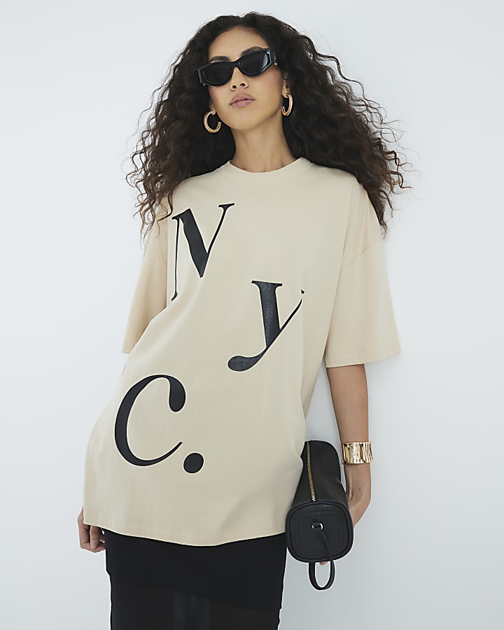 Beige Short Sleeve NYC Print T-shirt