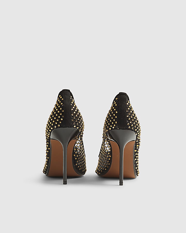 Black Mesh Diamante Embellished Court Heels