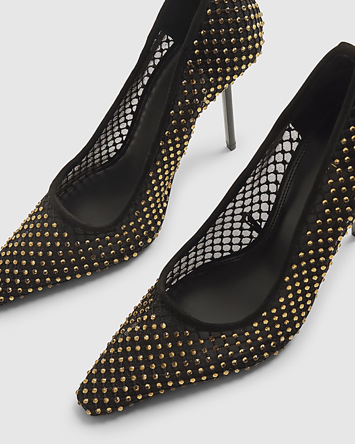 Black Mesh Diamante Embellished Court Heels