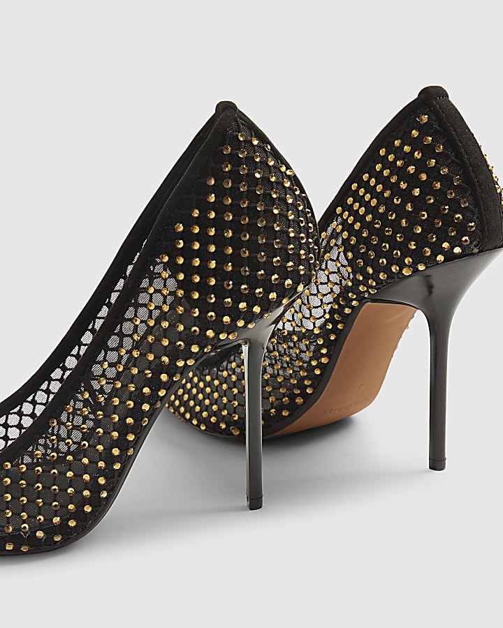 Black Mesh Diamante Embellished Court Heels