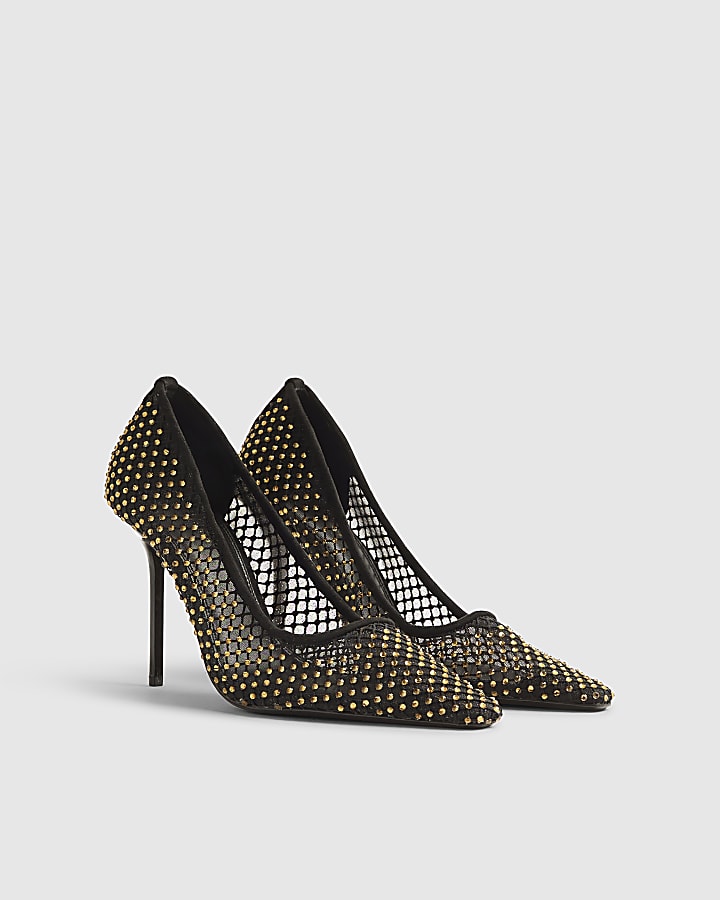 Black Mesh Diamante Embellished Court Heels