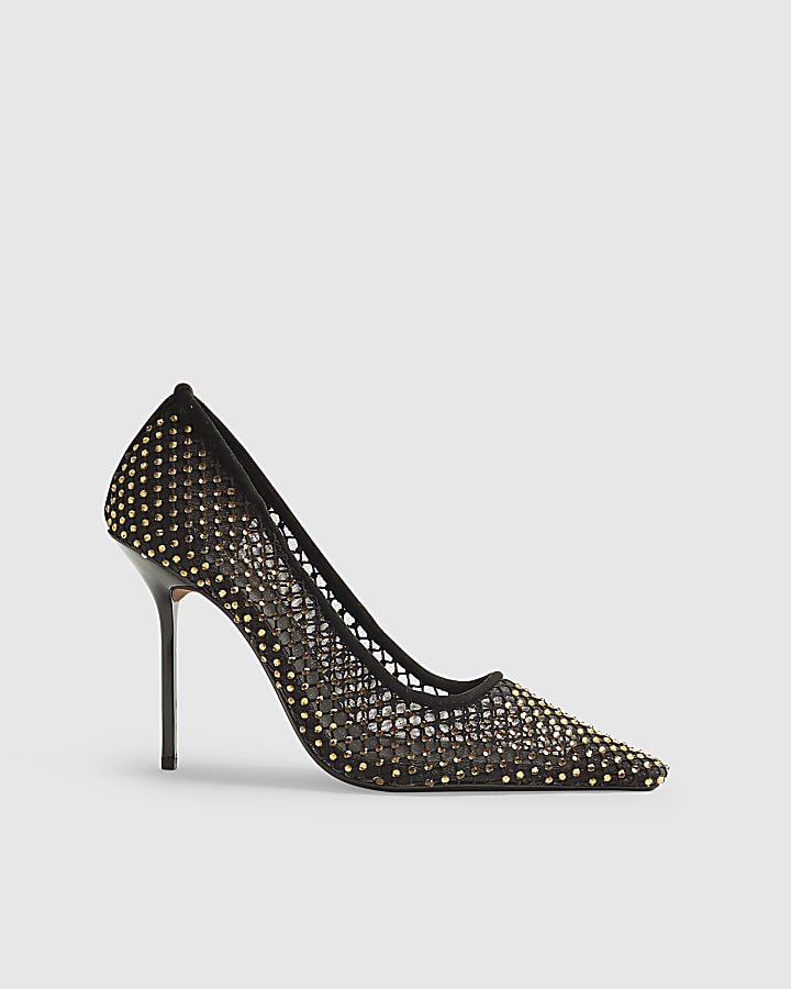 Black Mesh Diamante Embellished Court Heels