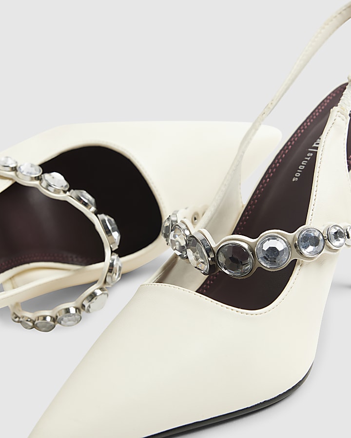 White Embellished Strap Singback Heels
