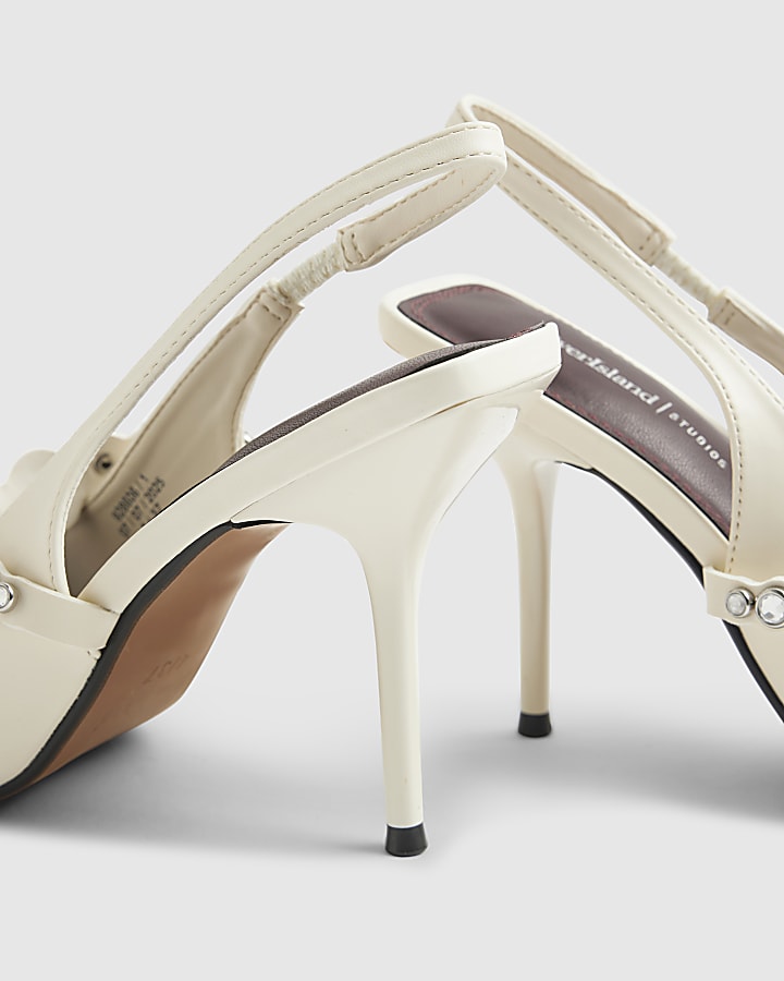 White Embellished Strap Singback Heels