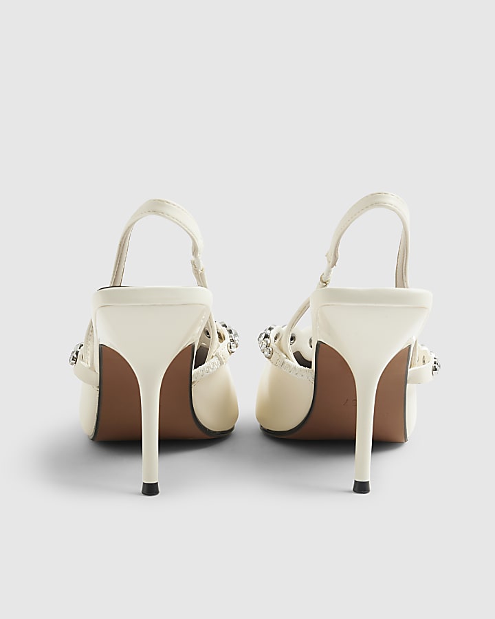 White Embellished Strap Singback Heels