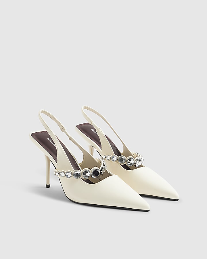 White Embellished Strap Singback Heels