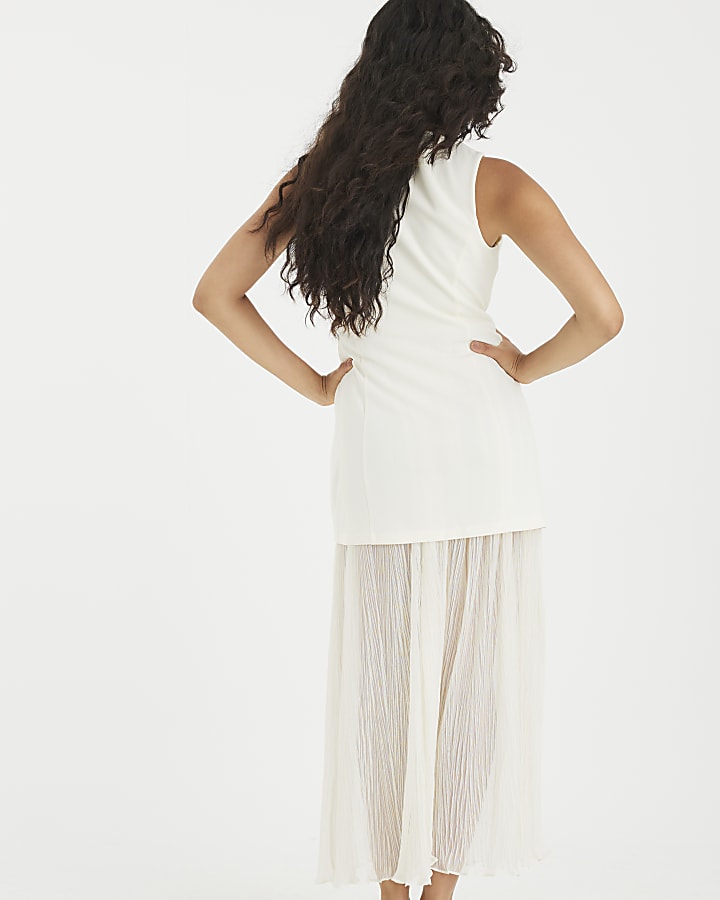 Cream Plisse Sleeveless Waistcoat Maxi Dress
