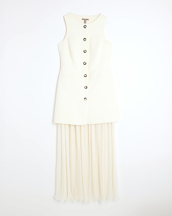 Cream Plisse Sleeveless Waistcoat Maxi Dress