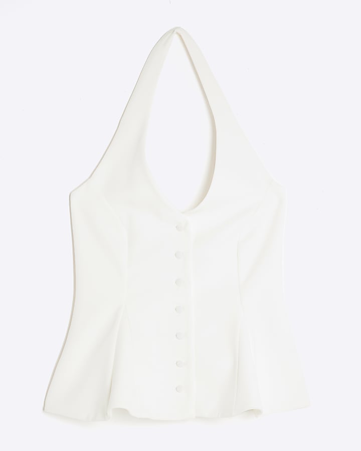 White Halter Neck Peplum Waistcoat