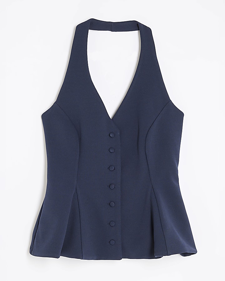 Navy Pleated Halter Neck Waistcoat