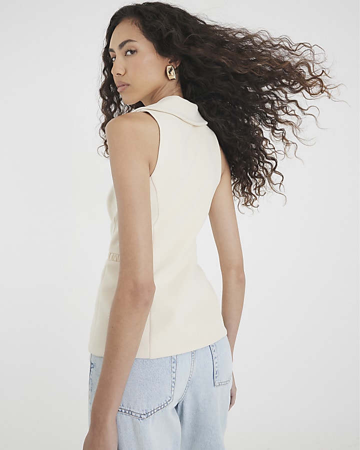 Cream Sleeveless Collared Elastic Waistcoat