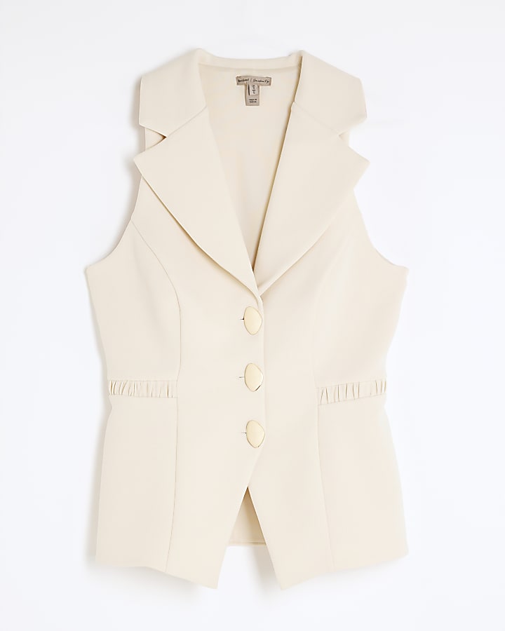 Cream Sleeveless Collared Elastic Waistcoat