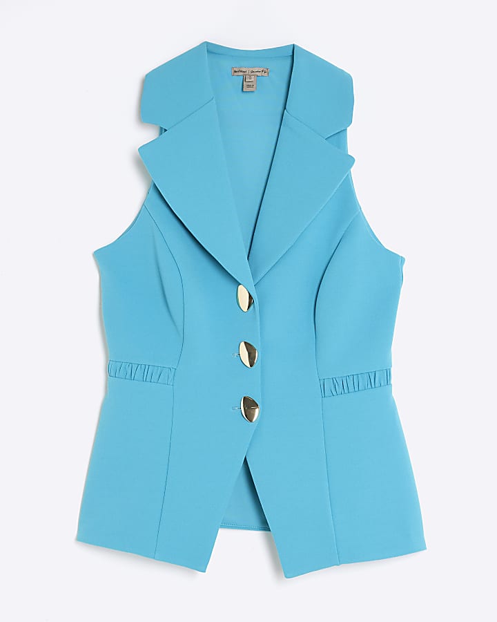 Blue Sleeveless Collared Elastic Waistcoat