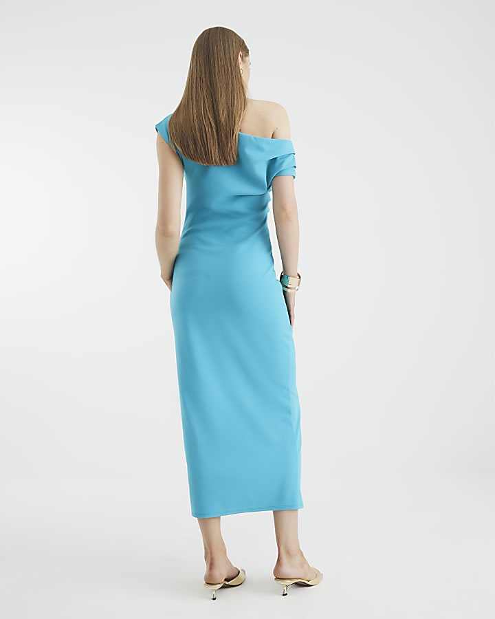 Blue Asymmetric Draped Wrap Midi Dress
