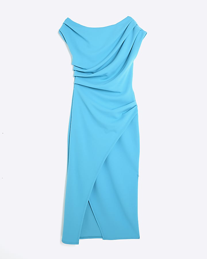 Blue Asymmetric Draped Wrap Midi Dress