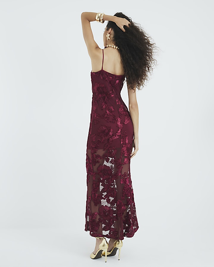 Red 3D Floral Mesh Tube Maxi Dress