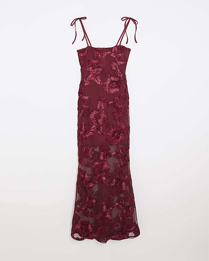 Red 3D Floral Mesh Tube Maxi Dress