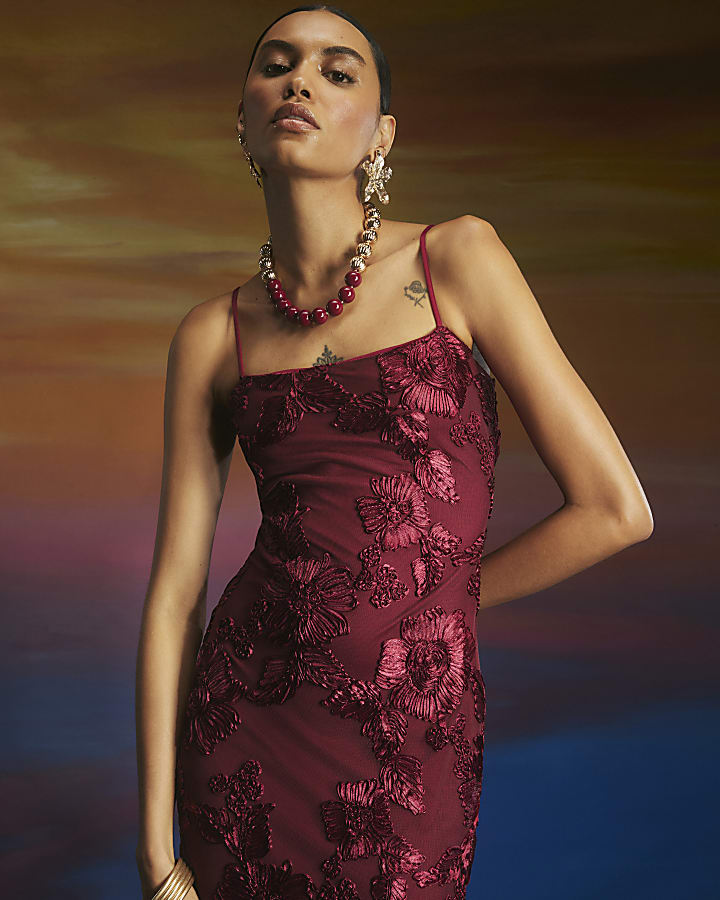 Red 3D Floral Mesh Tube Maxi Dress