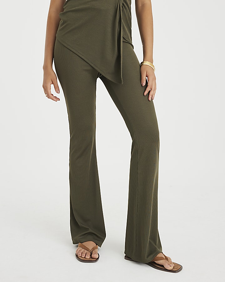 Green Ribbed Flared Trousers