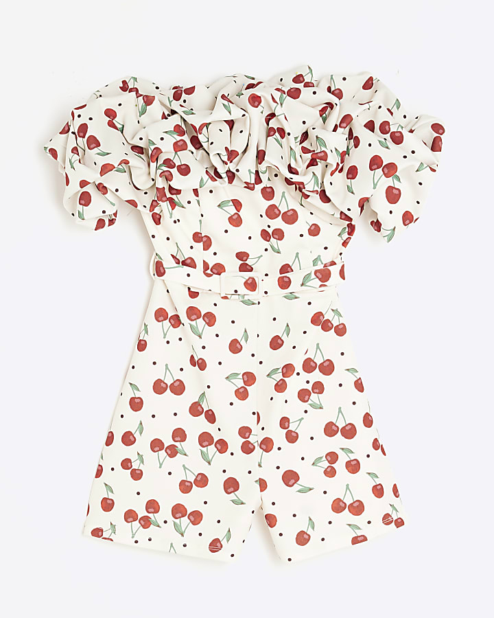 Petite Cream Cherry Print Bardot Playsuit