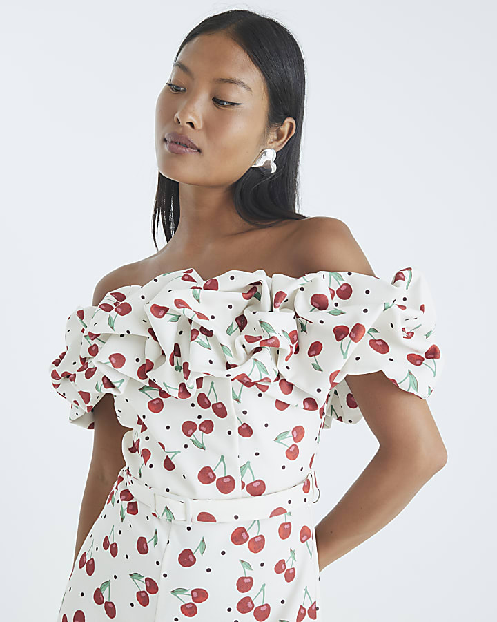 Petite Cream Cherry Print Bardot Playsuit