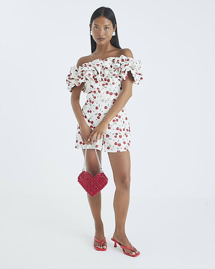 Petite Cream Cherry Print Bardot Playsuit