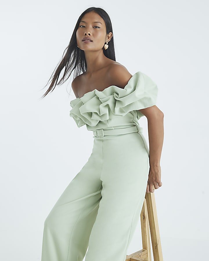 Petite Green Ruffle Bardot Jumpsuit
