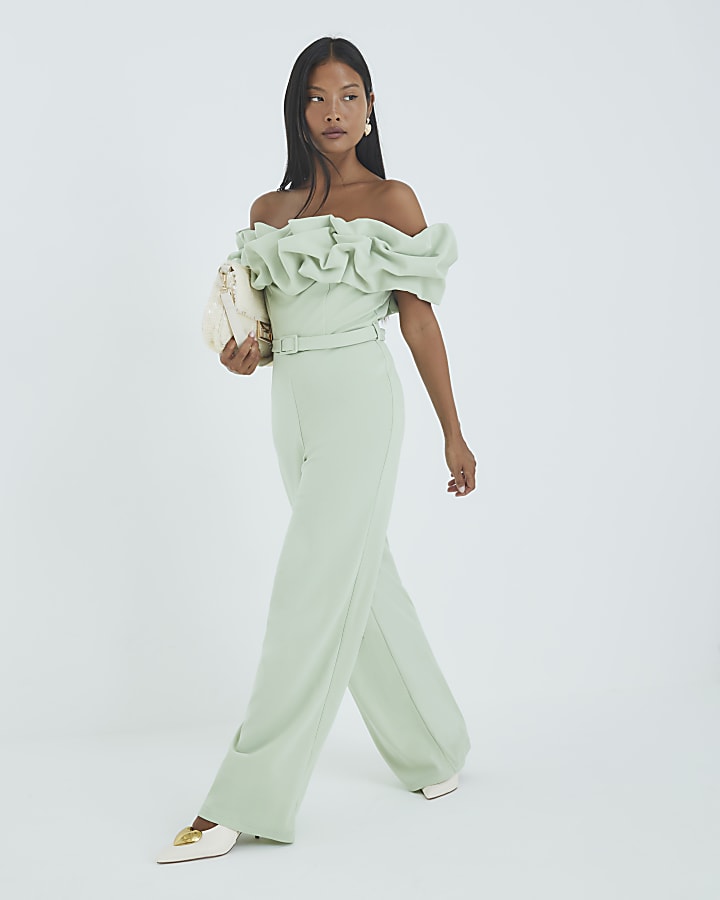 Petite Green Ruffle Bardot Jumpsuit