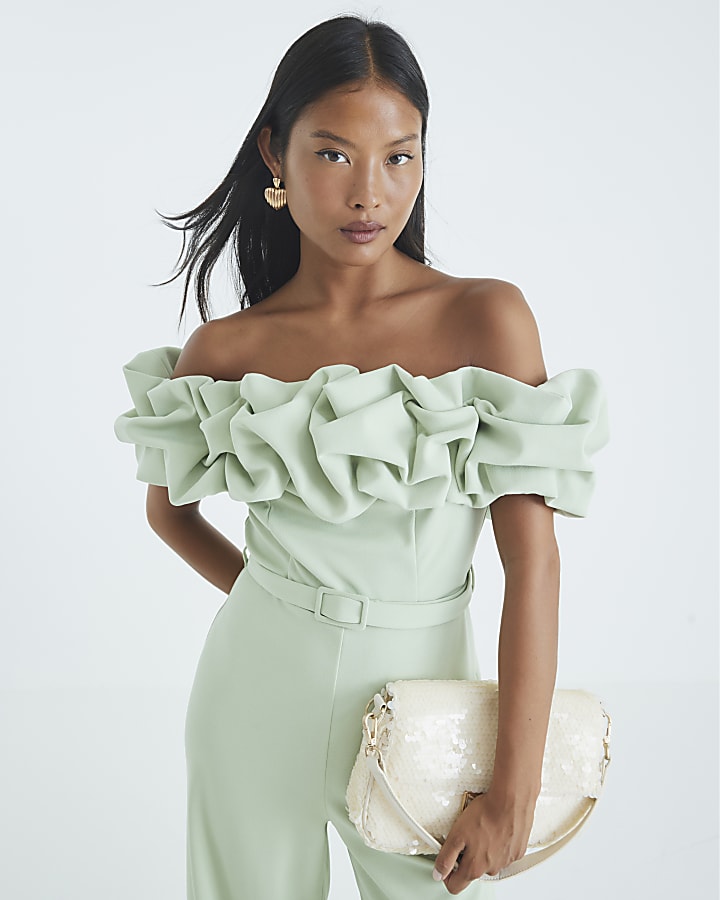 Petite Green Ruffle Bardot Jumpsuit