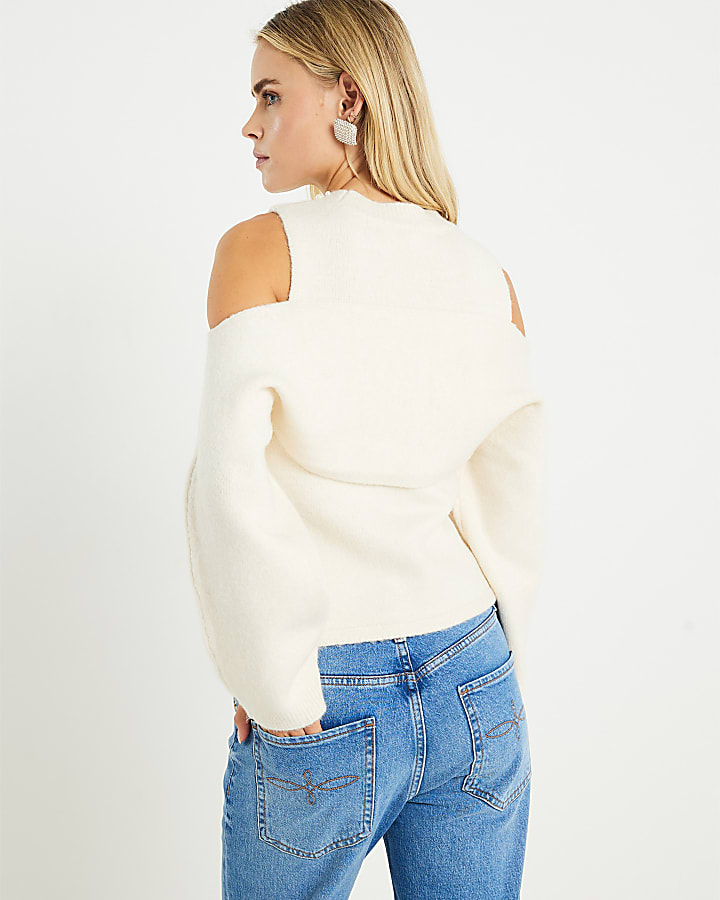 Petite Cream Knitted Cut Out Shoulder Bow Top