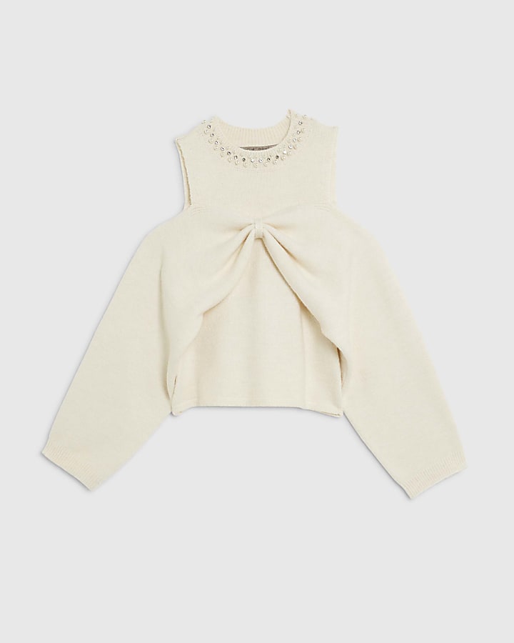 Petite Cream Knitted Cut Out Shoulder Bow Top